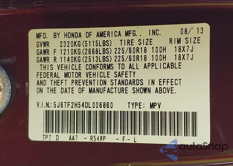 2013 Honda Crosstour Ex-L V6 z USA, uszkodzony, nr VIN 5J6TF2H54DL006860